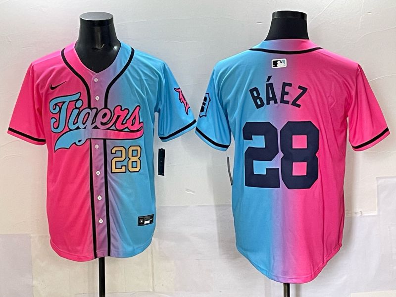 Men 2025 Detroit Tigers #28 Baez Blue pink Game Nike MLB Jersey style 03